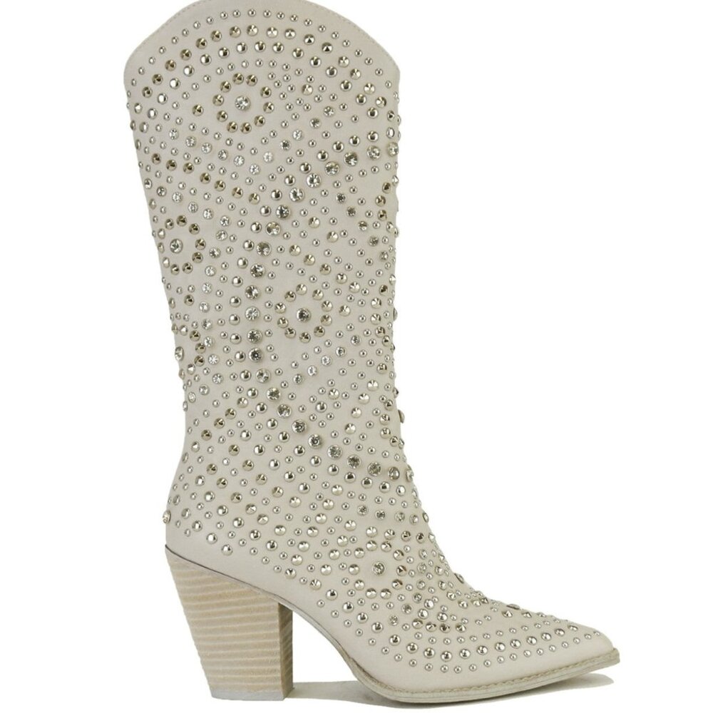 Dazzling Western Glam Rhinestone Stud Boots - Grey